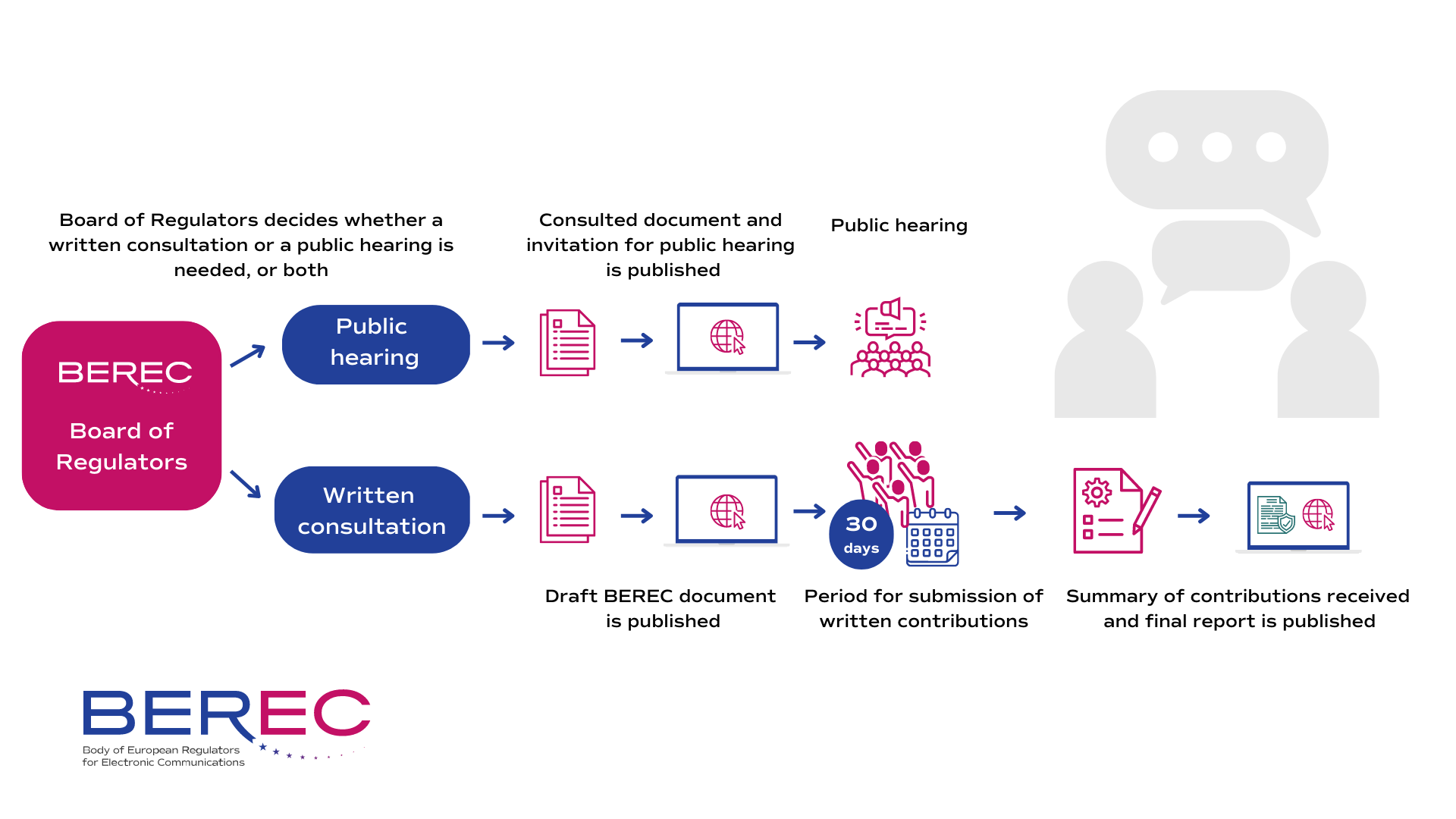 The image shows a flow chart of the public consultation and public hearing process, described in text form below the image