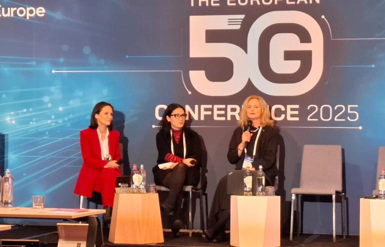 The image shows BEREC Cybersecurity and Resilience Working Group Co-Chair Katja Kmet Vrčko (AKOS, Slovenia) during her Fireside chat at the Forum Europe - European 5G Conference.