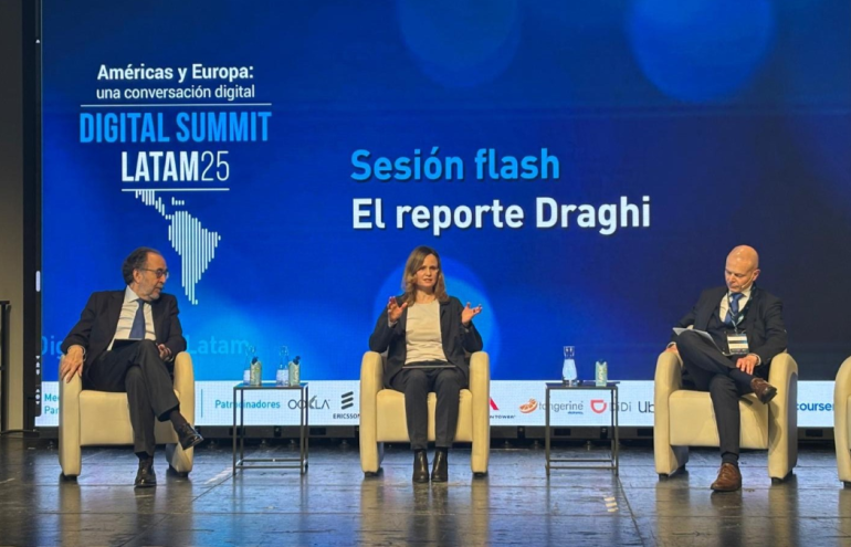 The image shows BEREC Office Director Verena Weber on the stage moderating a panel session at the Digital Summit Latam 2025. The image shows also two other panelists.