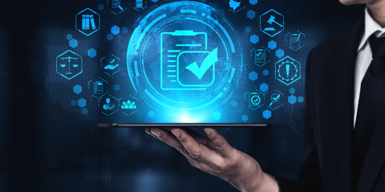 The image shows a person holding a tablet on the hand and above, different icons representing the telecommunications policy and regulation landscape