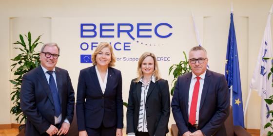 The image shows the Executive Vice-President of the European Commission Henna Virkkunen, BEREC Chair Robert Mourik (ComReg, Ireland), incoming BEREC Chair Marko Mismas (AKOS, Slovenia), and BEREC Office Director Verena Weber.