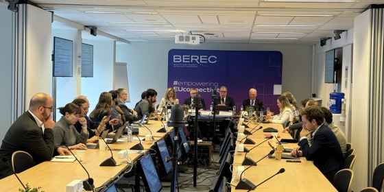 The image shows the participants of the BEREC public debriefing on the outcomes of the 64th BEREC ordinary meetings held on 8 October 2025 in Brussels, Belgium.