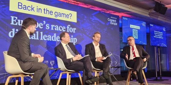 The image shows Marko Mismas, BEREC Chair 2026, and other panelists during the Politico conference on 27 January 2026.