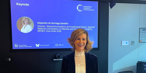 The image shows Alejandra de Iturriaga Gandini at the International Institute of Communications Digital Communications and Media Forum.