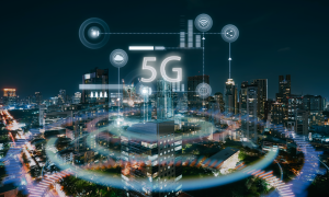 The image shows a 5G icon with a city view in the background