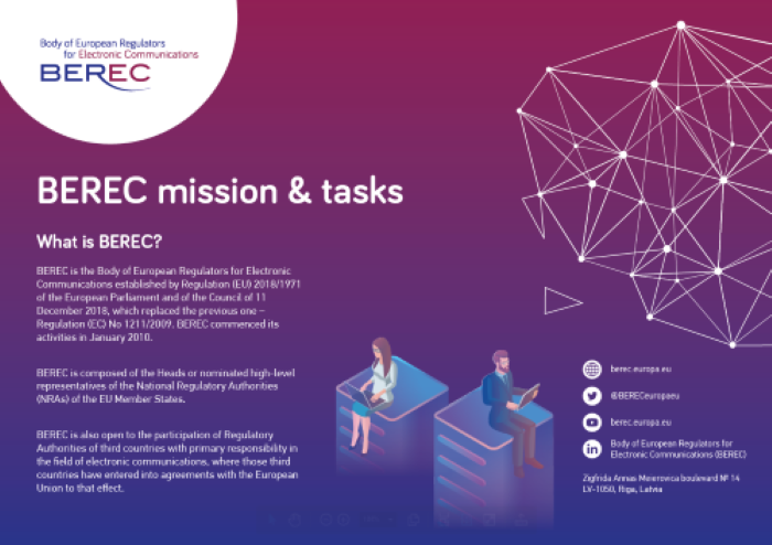 The image shows the cover of the BEREC Mission & Tasks brochure and when clicking on it, the dedicated PDF document will open