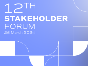 The image shows a campaign image with the text 12th Stakeholder Forum 26 March 2024, on a light blue background and multiple quadratic and round shapes
