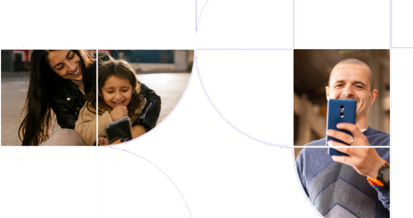 The image shows a woman together with a small child as well as a man, all looking at a mobile device