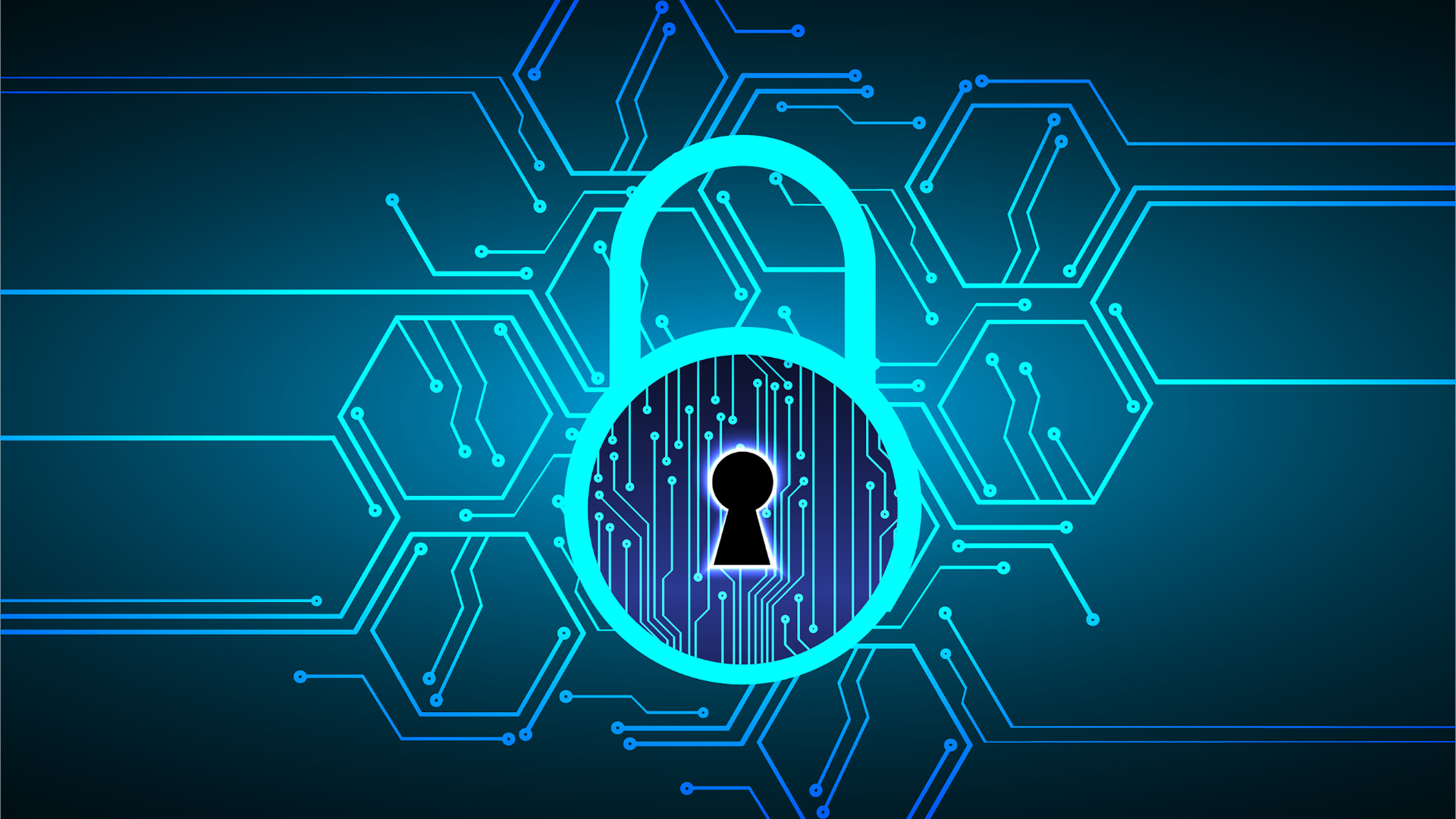 The image shows a lock, representing a network resilience icon, in dark blue colour shades on a black background.