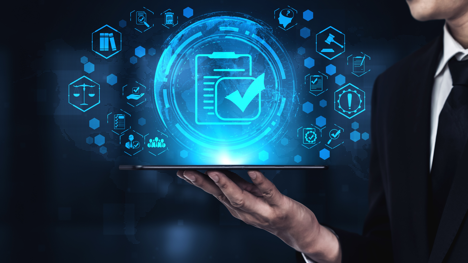 The image shows a person holding a tablet on the hand and above, different icons representing the telecommunications policy and regulation landscape