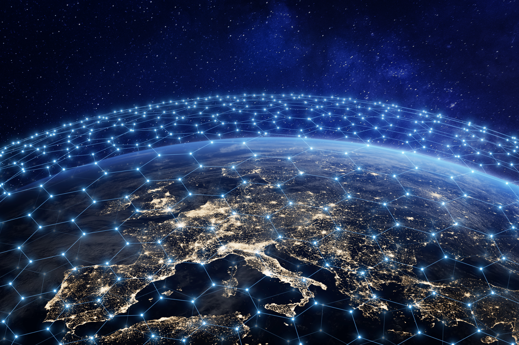 The image shows the earth from above, with a focus on Europe. Above the earth is a connected net.