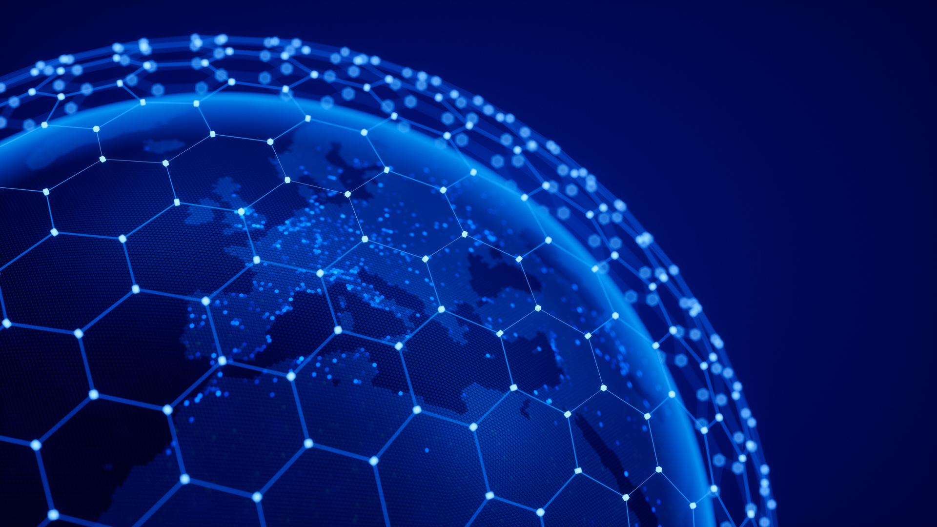 The image shows the globe from above, with a focus on Europe. Moreover, lines forming a web are connected with each other.