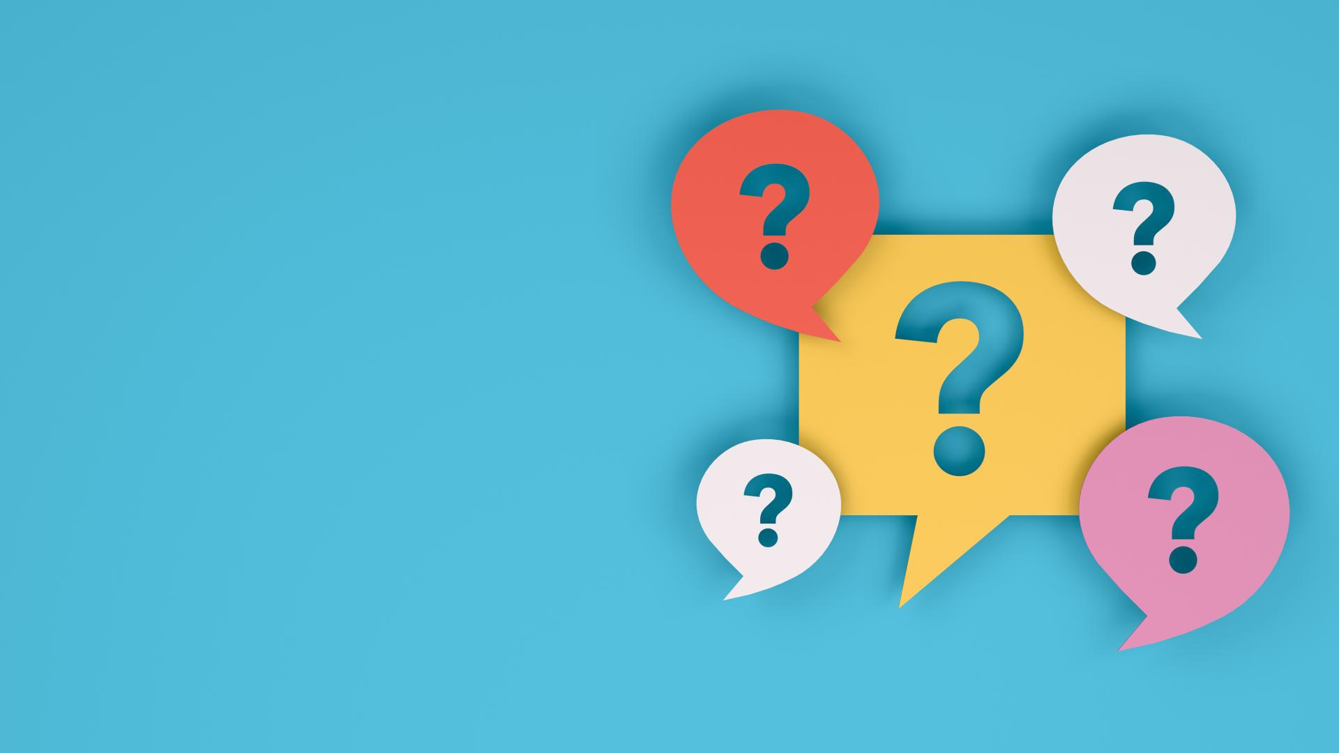 The image shows question marks on a colored background.