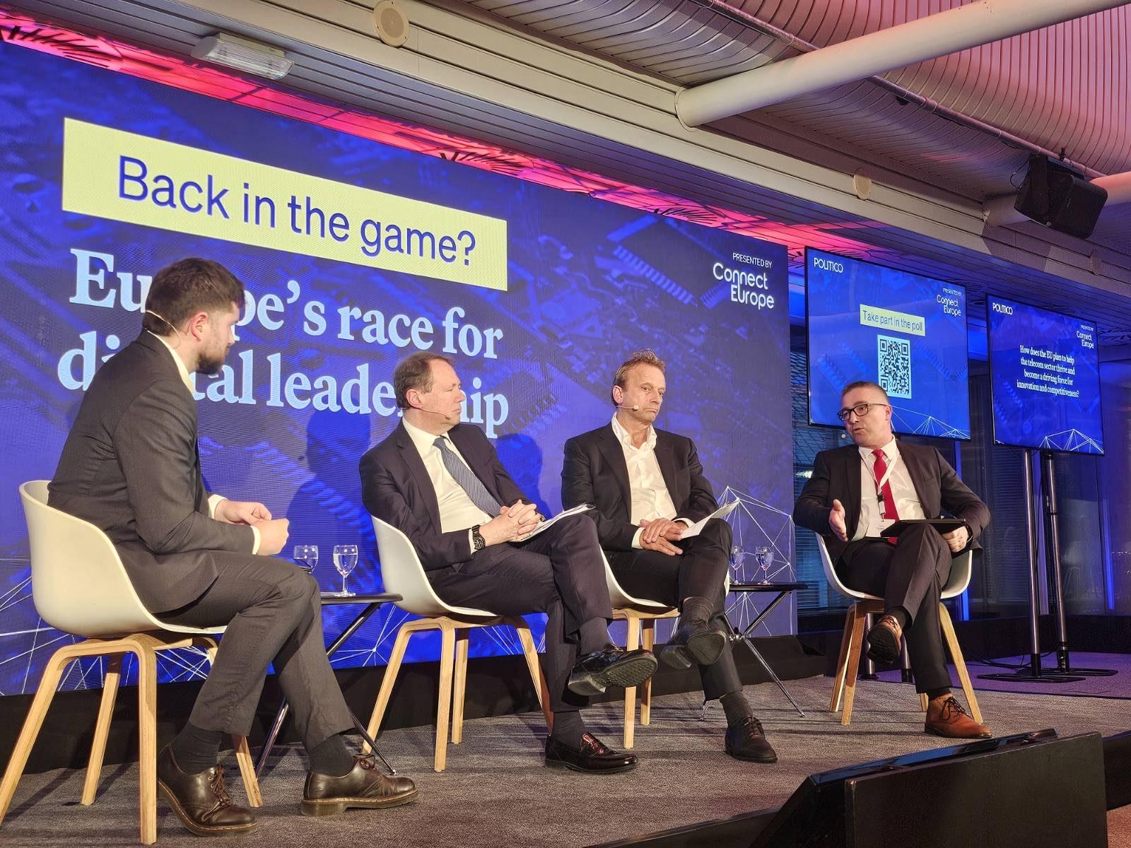 The image shows Marko Mismas, BEREC Chair 2026, and other panelists during the Politico conference on 27 January 2026.