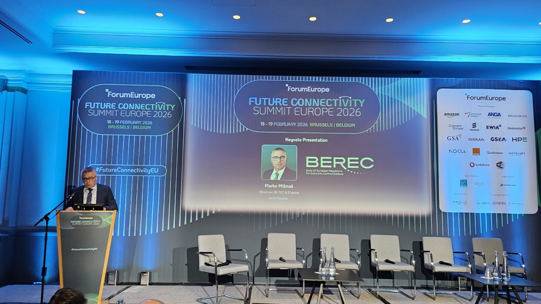 The image shows Marko Mismas during his keynote speech at the Future Connectivity Summit Europe.