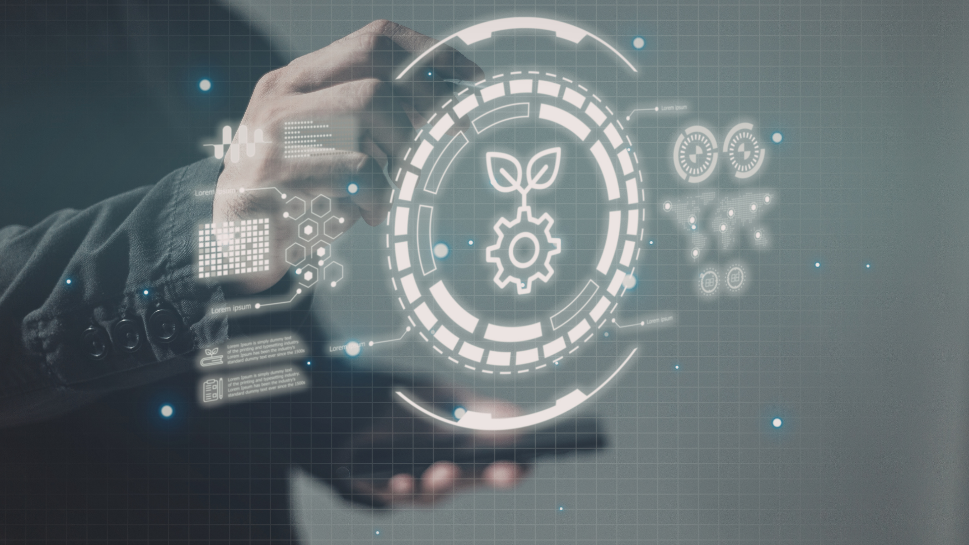 The image shows a person standing in front of a digital virtual screen displaying digital icons.