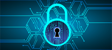 The image shows a lock, representing a network resilience icon, in dark blue colour shades on a black background.