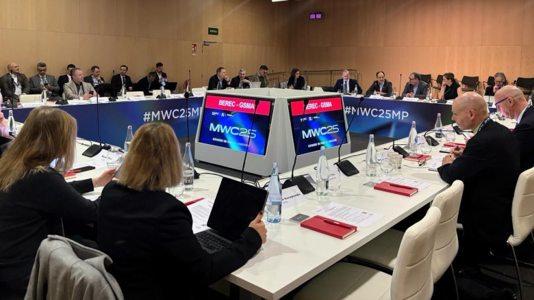 The image shows the participants of the BEREC-GSMA meeting at the World Mobile Congress 2025.