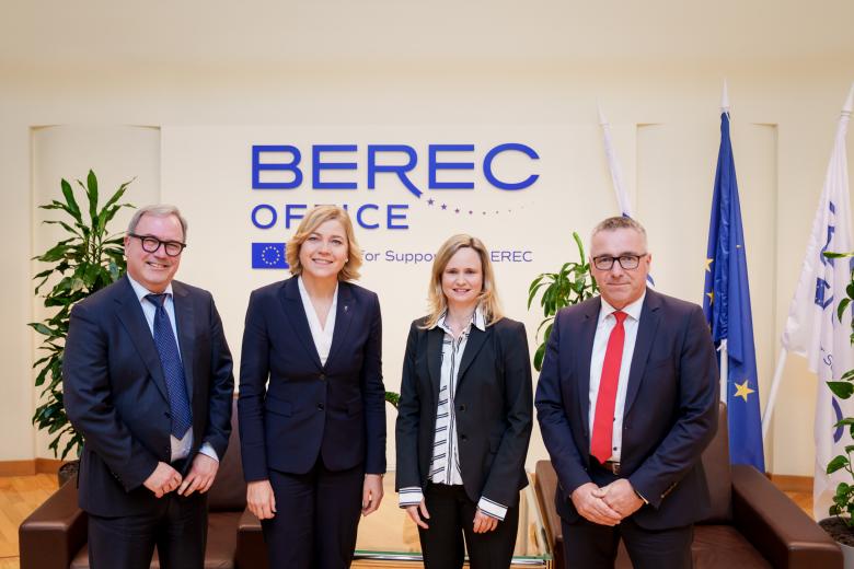 The image shows the Executive Vice-President of the European Commission Henna Virkkunen, BEREC Chair Robert Mourik (ComReg, Ireland), incoming BEREC Chair Marko Mismas (AKOS, Slovenia), and BEREC Office Director Verena Weber.