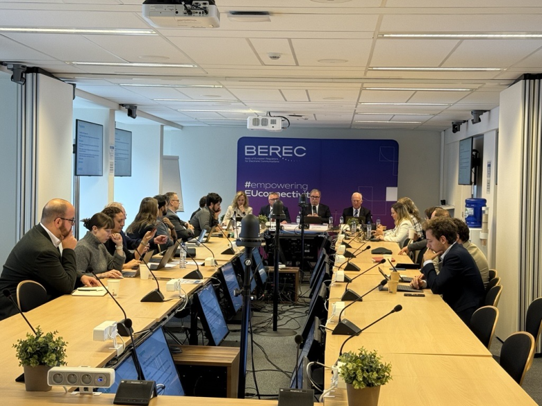 The image shows the participants of the BEREC public debriefing on the outcomes of the 64th BEREC ordinary meetings held on 8 October 2025 in Brussels, Belgium.