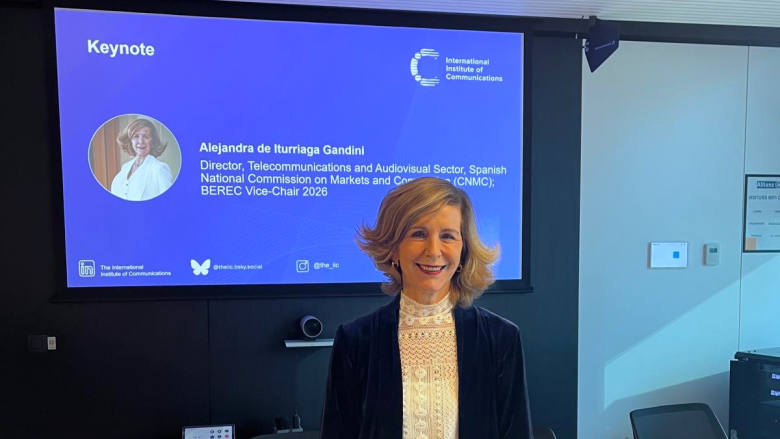 The image shows Alejandra de Iturriaga Gandini at the International Institute of Communications Digital Communications and Media Forum.