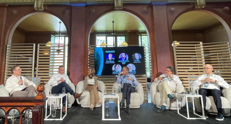 The image shows incoming BEREC Chair 2027 Alejandra de Iturriaga Gandini (CNMC, Spain) during the panel at Cullen's 40th anniversary conference.