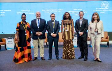 The image shows BEREC Vice-Chair Kostas Masselos with other speakers at the ITU GSR-24 in Kampala, Uganda