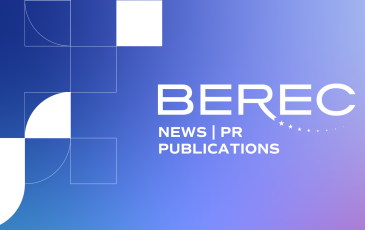 The image shows the BEREC logo with the text News, PR, Publications on a blue background with shapes in white