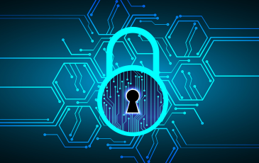 The image shows a lock, representing a network resilience icon, in dark blue colour shades on a black background.