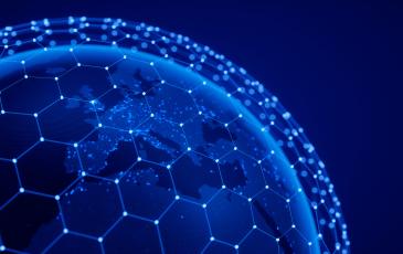 The image shows the globe from above, with a focus on Europe. Moreover, lines forming a web are connected with each other.