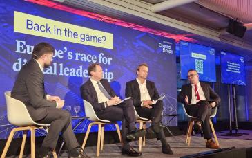 The image shows Marko Mismas, BEREC Chair 2026, and other panelists during the Politico conference on 27 January 2026.