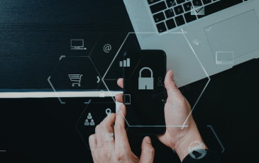 The image shows a person holding a mobile phone in both hands. Icons, such as a lock, are displayed across the image.