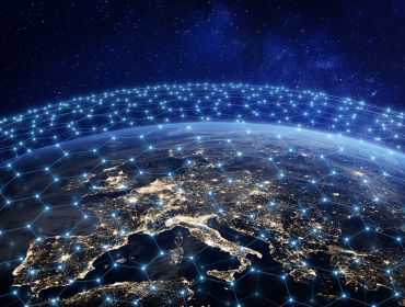 The image shows the earth from above, with a focus on Europe. Above the earth is a connected net.