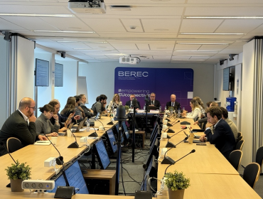 The image shows the participants of the BEREC public debriefing on the outcomes of the 64th BEREC ordinary meetings held on 8 October 2025 in Brussels, Belgium.