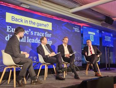 The image shows Marko Mismas, BEREC Chair 2026, and other panelists during the Politico conference on 27 January 2026.