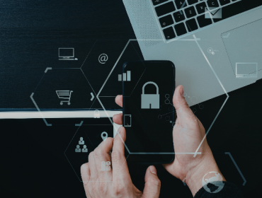 The image shows a person holding a mobile phone in both hands. Icons, such as a lock, are displayed across the image.