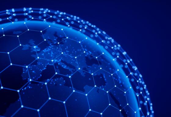 The image shows the globe from above, with a focus on Europe. Moreover, lines forming a web are connected with each other.