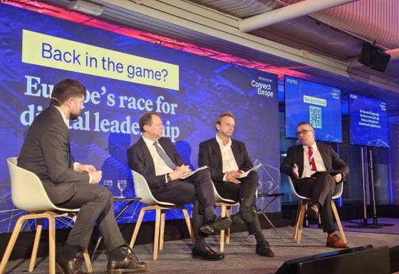 The image shows Marko Mismas, BEREC Chair 2026, and other panelists during the Politico conference on 27 January 2026.