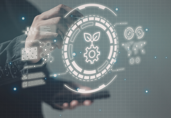 The image shows a person standing in front of a digital virtual screen displaying digital icons.