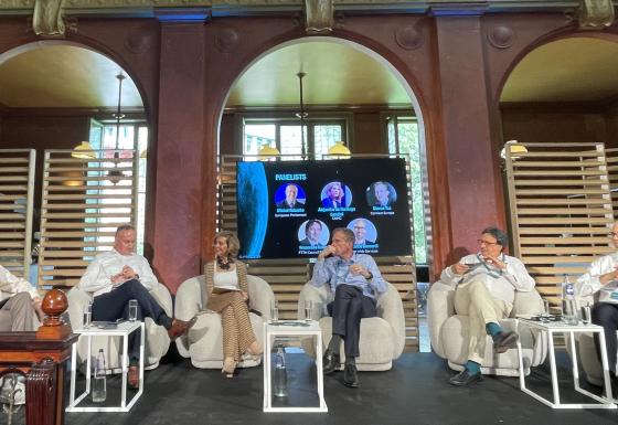 The image shows incoming BEREC Chair 2027 Alejandra de Iturriaga Gandini (CNMC, Spain) during the panel at Cullen's 40th anniversary conference.